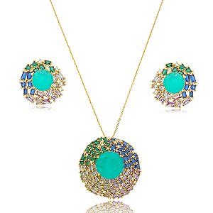 Conjunto de brinco e colar cravejado de zirconia e pedra fusion banho em ouro 18k