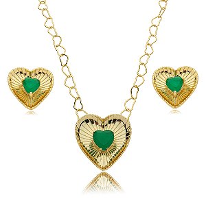 Conjunto de brinco e colar cravejado pedra fusion esmeralda banho em ouro 18k