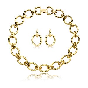 Conjunto de brinco e colar liso banho em ouro 18k
