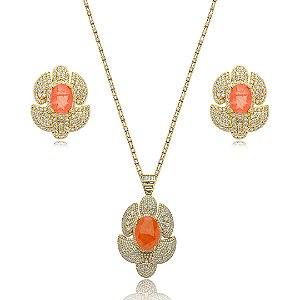 Conjunto de brinco e colar cravejado de zirconia e pedra fusion banho em ouro 18k