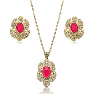 Conjunto de brinco e colar cravejado de zirconia e pedra fusion banho em ouro 18k