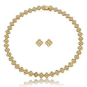 Conjunto de brinco e colar cravejado de zirconia citrino banho em ouro 18k