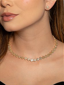 Conjunto flor de brinco e colar cravejado de zircônia citrino banho em ouro 18k
