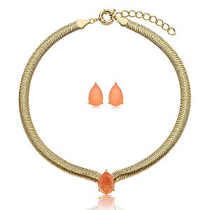 Conjunto de brinco e colar com pedra fusion coral banho em ouro 18k