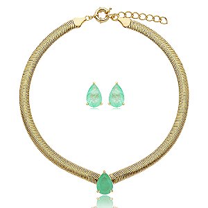 Conjunto de brinco e colar com pedra fusion turmalina banho em ouro 18k