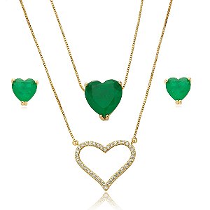 Conjunto de brinco e colar cravejado de zirconia e pedra fusion banho em ouro 18k