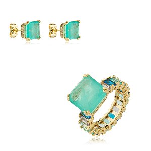 Conjunto de brinco e anel cravejado de zirconia e pedra fusion banho em ouro 18k