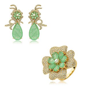 Conjunto de brinco e anel cravejado de zirconia e pedra fusion banho em ouro 18k