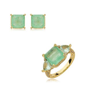 Conjunto de brinco e anel cravejado de zirconia e pedra fusion banho em ouro 18k