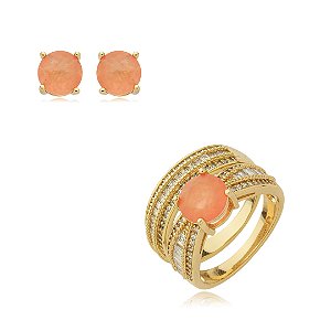 Conjunto de brinco e anel cravejado de zirconia e pedra fusion banho em ouro 18k
