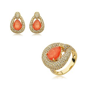 Conjunto de brinco e anel cravejado de zirconia e pedra fusion banho em ouro 18k