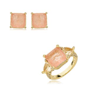 Conjunto de brinco e anel cravejado de zirconia e pedra fusion banho em ouro 18k