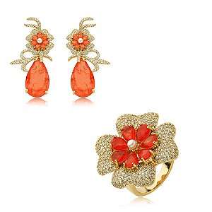 Conjunto de brinco e anel cravejado de zirconia e pedra fusion banho em ouro 18k