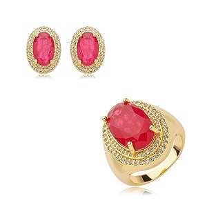 Conjunto de brinco e anel cravejado de zirconia e pedra fusion banho em ouro 18k