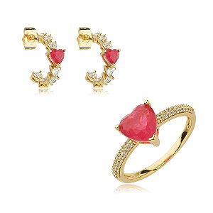 Conjunto de brinco e anel cravejado de zirconia e pedra fusion banho em ouro 18k