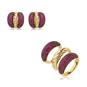 Conjunto de brinco e anel cravejado de zirconia de zirconia pink banho em ouro 18k