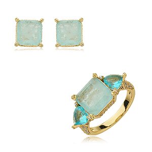 Conjunto de brinco e anel cravejado de zirconia e pedra fusion banho em ouro 18k