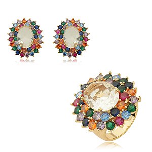 Conjunto de brinco e anel cravejado de zircônia rainbow e pedra fusion banho em ouro 18k