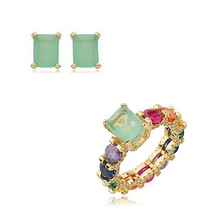 Conjunto de brinco e anel cravejado de zirconia e pedra fusion banho em ouro 18k