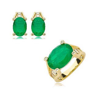Conjunto de brinco e anel cravejado de zirconia e pedra fusion banho em ouro 18k