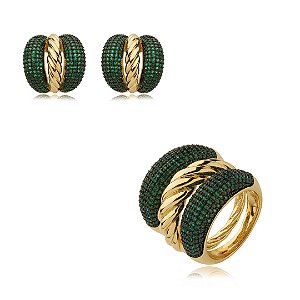 Conjunto de brinco e anel cravejado de zirconia esmeralda banho em ouro 18k