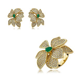 Conjunto de brinco e anel cravejado de zirconia cristal e esmeralda banho em ouro 18k