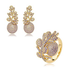 Conjunto de brinco e anel cravejado de zirconia ametista banho em ouro 18k