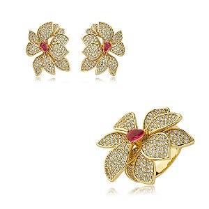 Conjunto de brinco e anel cravejado de zirconia pink e cristal banho em ouro 18k