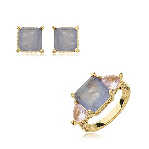 Conjunto de brinco e anel cravejado de zirconia e pedra fusion banho em ouro 18k