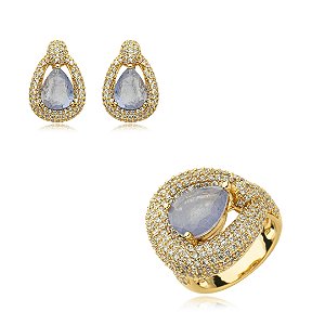 Conjunto de brinco e anel cravejado de zirconia e pedra fusion banho em ouro 18k