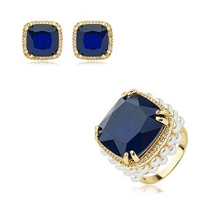 Conjunto de brinco e anel cravejado de zirconia e pedra fusion banho em ouro 18k