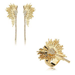 Conjunto de brinco e anel cravejado de zirconia cristal banho em ouro 18k