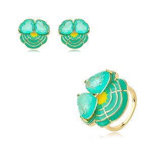 Conjunto de brinco e anel esmaltado com pedra fusion turmalina banho em ouro 18k