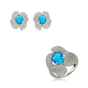 Conjunto de brinco e anel cravejado de zirconia cristal banho em rodio branco
