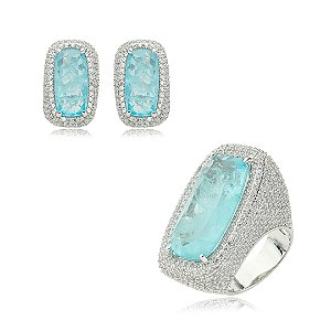 Conjunto de brinco e anel cravejado de zirconia cristal banho em rodio branco