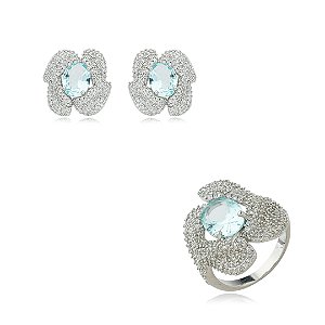 Conjunto de brinco e anel cravejado de zirconia cristal banho em rodio branco