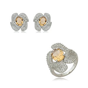 Conjunto de brinco e anel cravejado de zirconia cristal banho em rodio branco