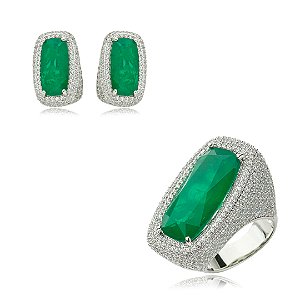 Conjunto de brinco e anel cravejado de zirconia e pedra fusion banho em rodio branco