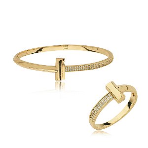 Conjunto de bracelete e anel cravejado de zirconia cristal banho em ouro 18k