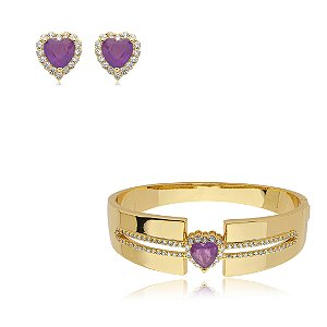 Conjunto de brinco e bracelete cravejado de zirconia e pedra fusion banho em ouro 18k