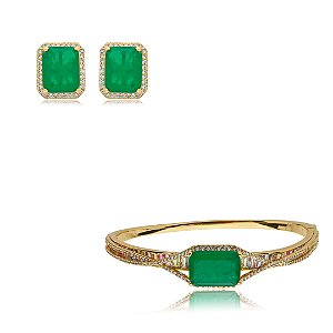 Conjunto de brinco e bracelete cravejado de zirconia e pedra fusion banho em ouro 18k