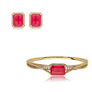 Conjunto de brinco e bracelete cravejado de zirconia e pedra fusion banho em ouro 18k