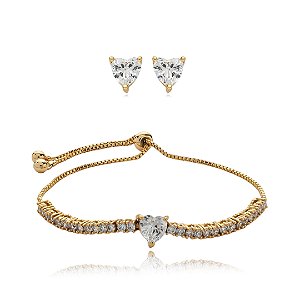 Conjunto de brinco e pulseira cravejado de zirconia cristal banho em ouro 18k
