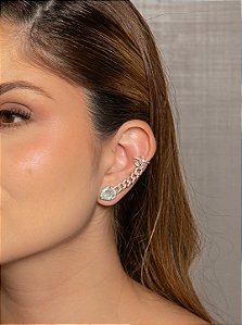Brinco ear cuff cravejado de zircônia cristal com pedra fusion acqua banho em ouro 18k