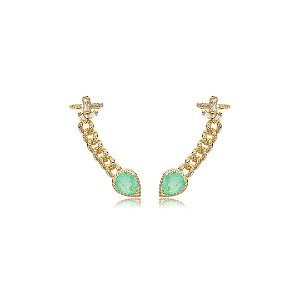 Brinco ear cuff cravejado de zirconia pedra fusion turmalina banho em ouro 18k