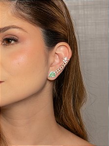 Brinco ear cuff cravejado de zircônia cristal com pedra fusion turmalina banho em ouro 18k
