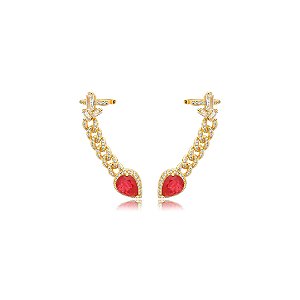 Brinco ear cuff cravejado de zirconia pedra fusion rubi banho em ouro 18k