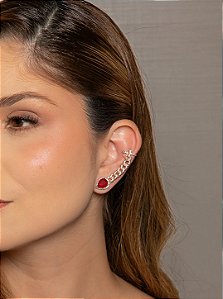 Brinco ear cuff cravejado de zircônia cristal com pedra fusion rubi banho em ouro 18k