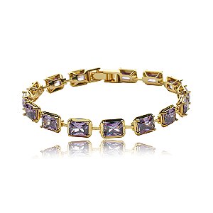 Pulseira cravejada de zirconia ametista banho em ouro 18k