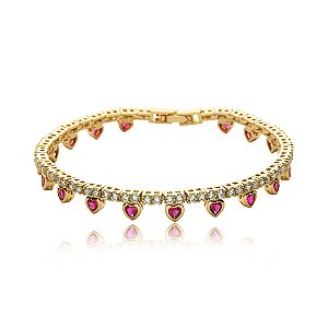 Pulseira cravejada de zirconia cristal e pink banho em ouro 18k